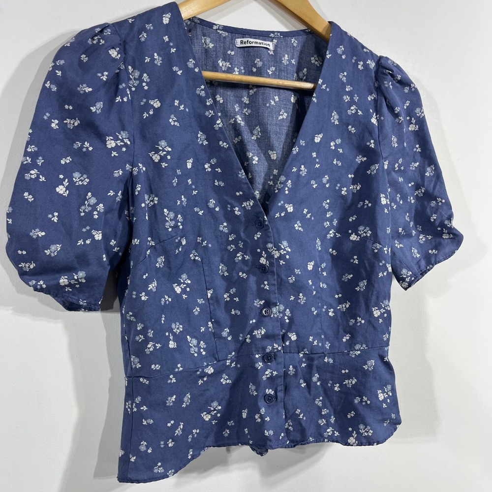 Reformation Cottagecore Feminine Floral Button Front Puff Sleeve Blouse Size 4 - Picture 3 of 10